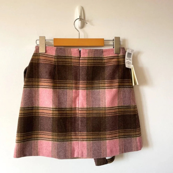 Aritzia Wilfred Dorine New Wrap Front Wool Mini Skirt Pink Brown Plaid Sz 0 NWT - Picture 4 of 5
